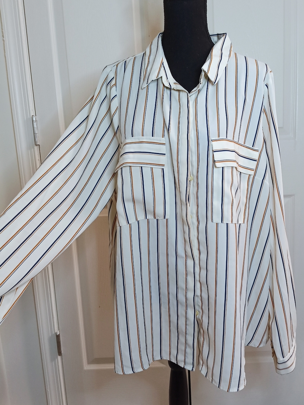 Fashion Nova Cream Button-Down Shirt with‎ Navy & Tan Stripes